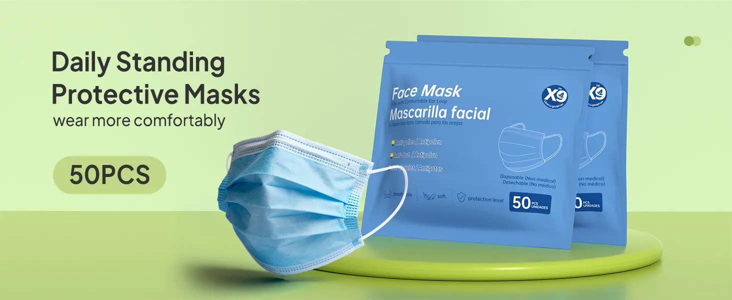 50 pack disposable blue face masks for daily protection, 3-ply breathable surgical style masks.